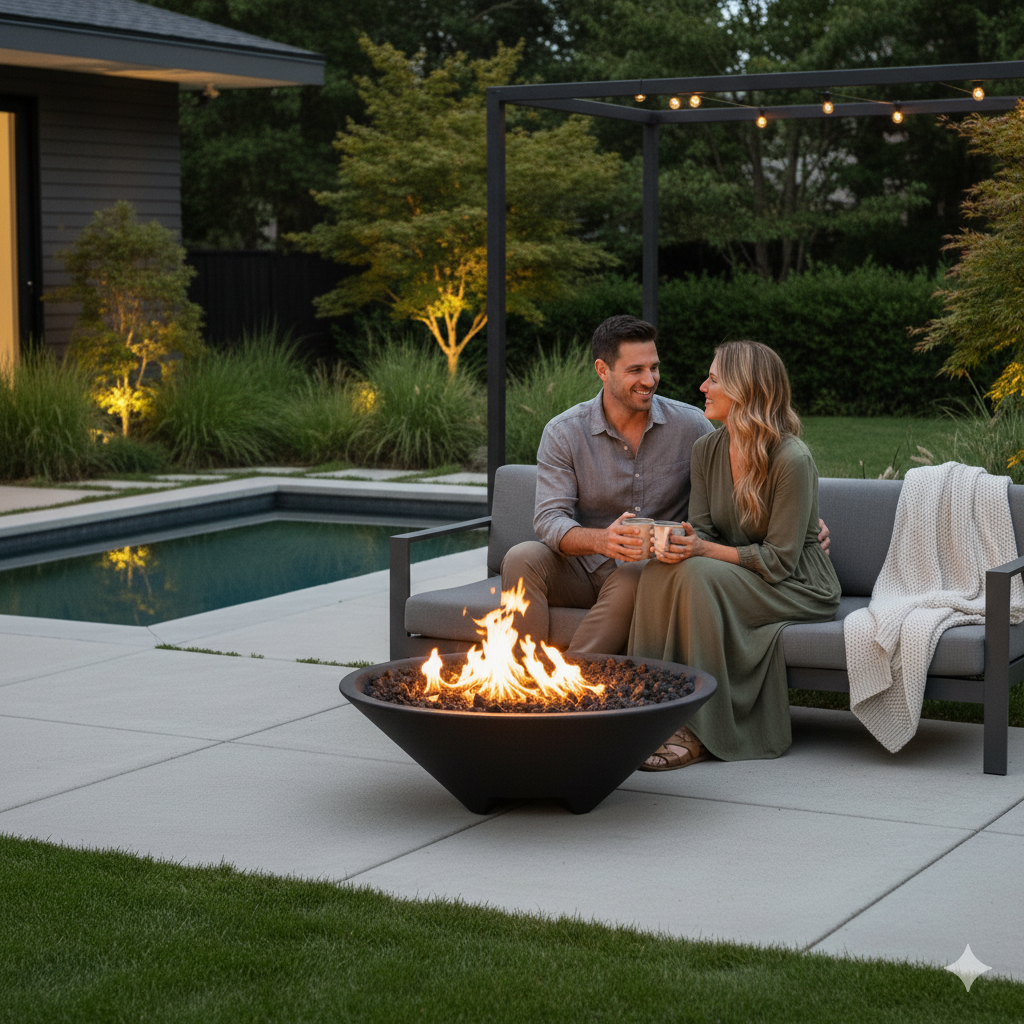 Round Oblique Fire Bowl with Venting at dusk