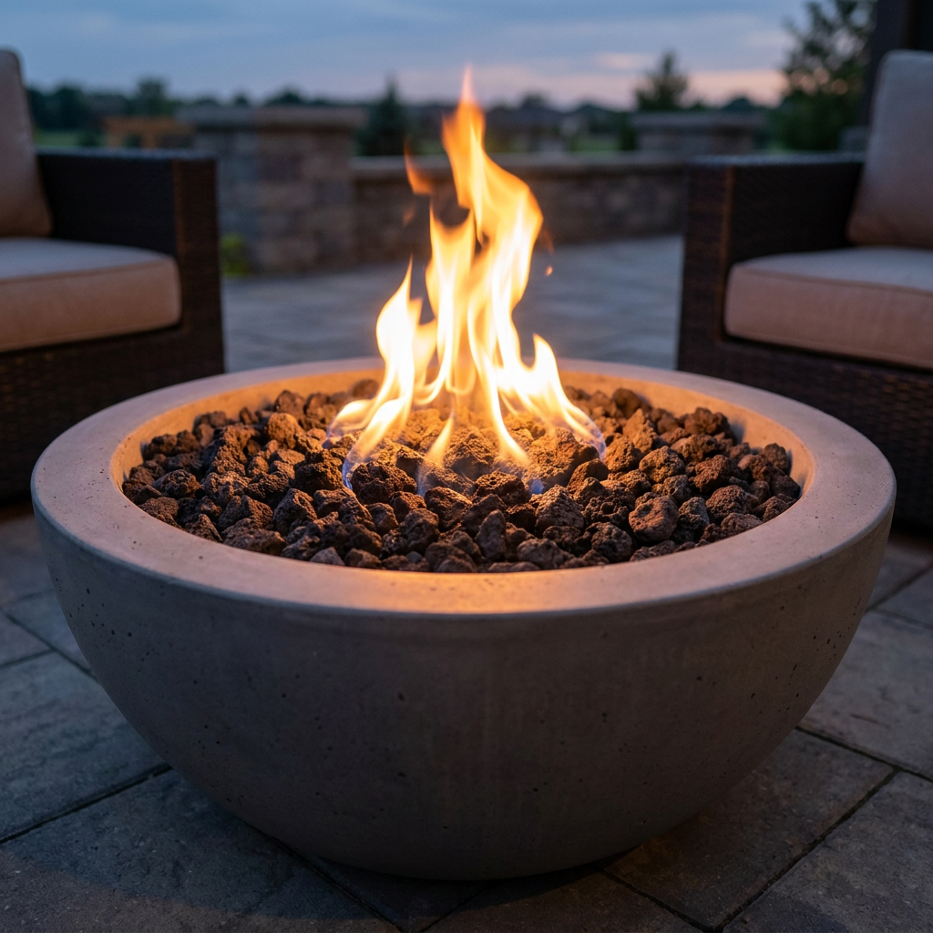 Lava rock filling a lit gas fire bowl