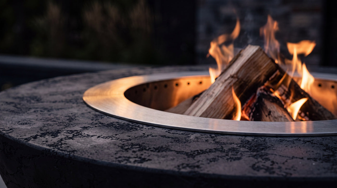Close-up of the Luna fire pit: hand-cast GFRC texture and brushed stainless steel ring with wood fire