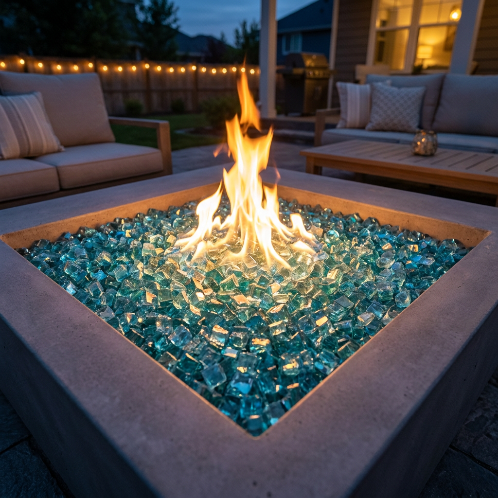 Classic fire glass in a lit fire pit