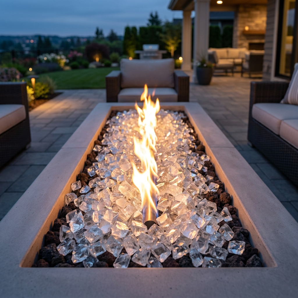 Fire pit glass in a lit linear fire pit