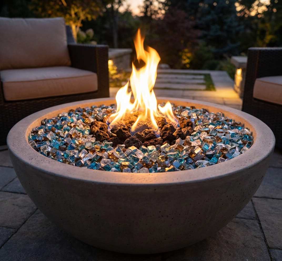 Mixed fire glass in a lit fire bowl