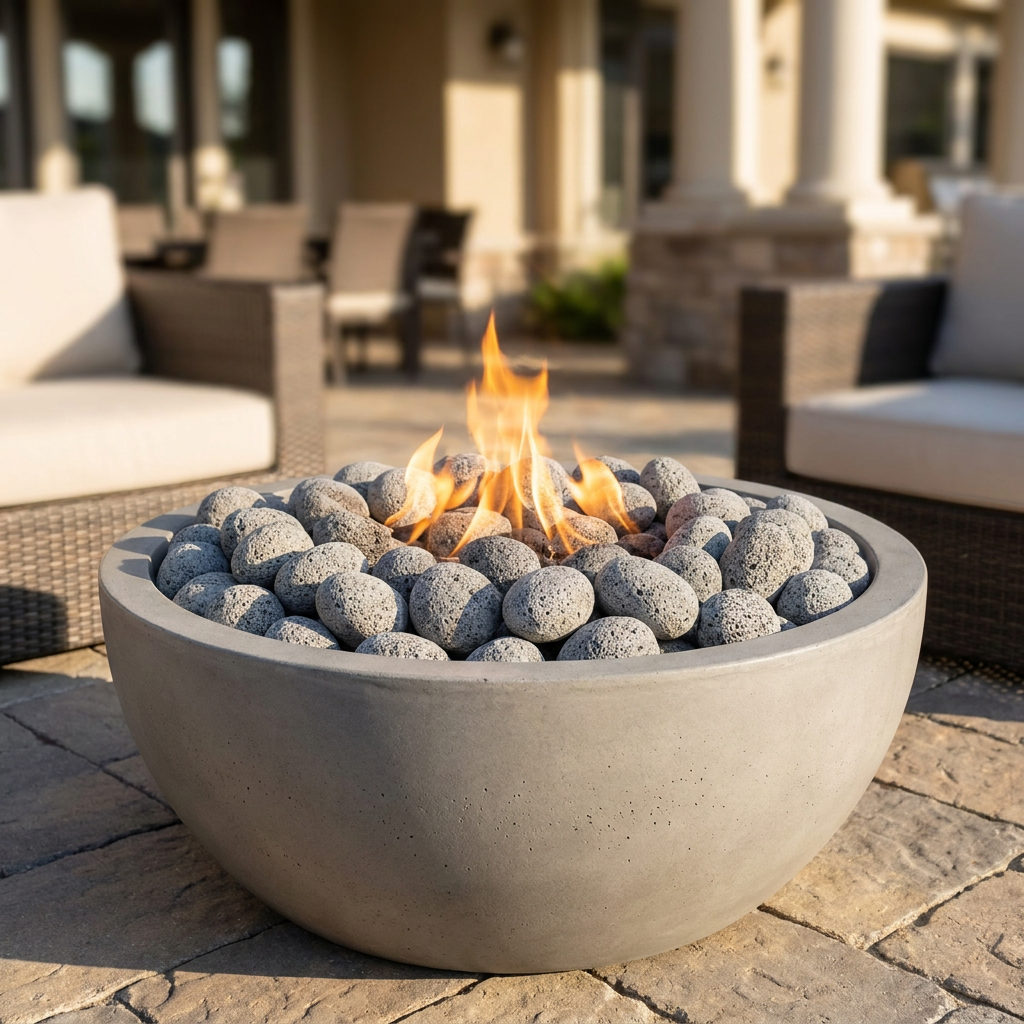 Tumbled lava rock filling a lit gas fire bowl