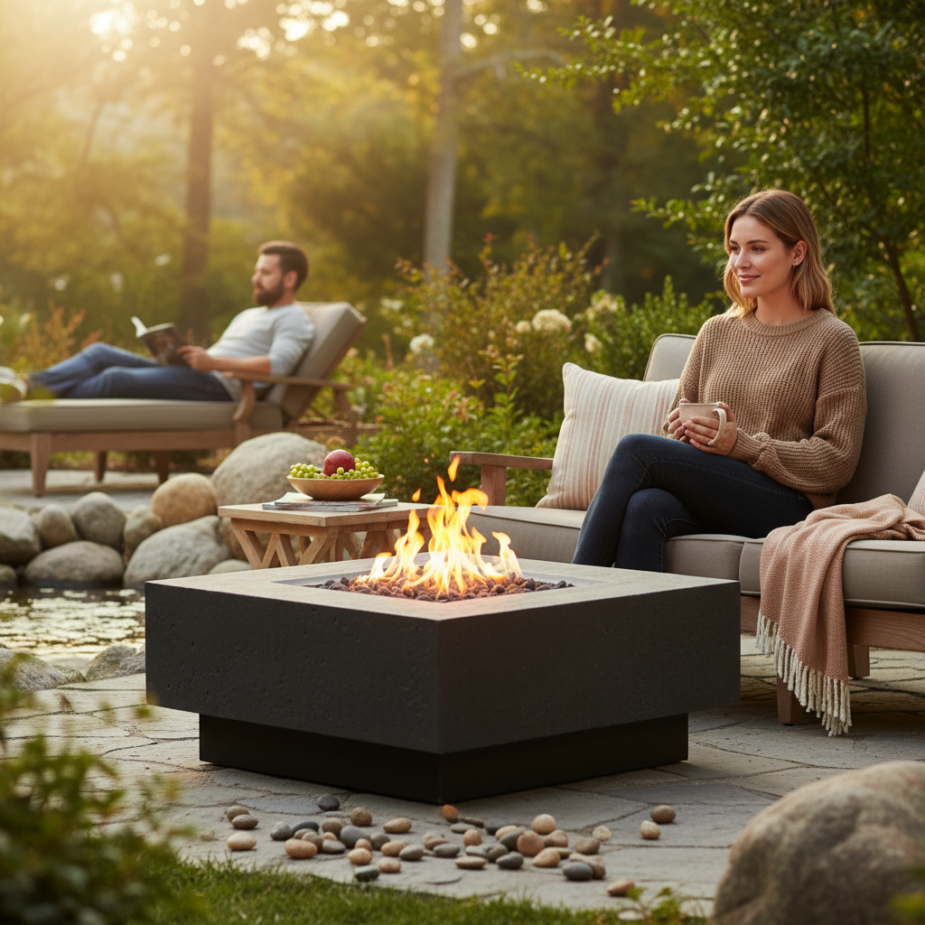 Square Sanctuary Fire Bowl | GFRC Firepit with Stainless Steel Burner