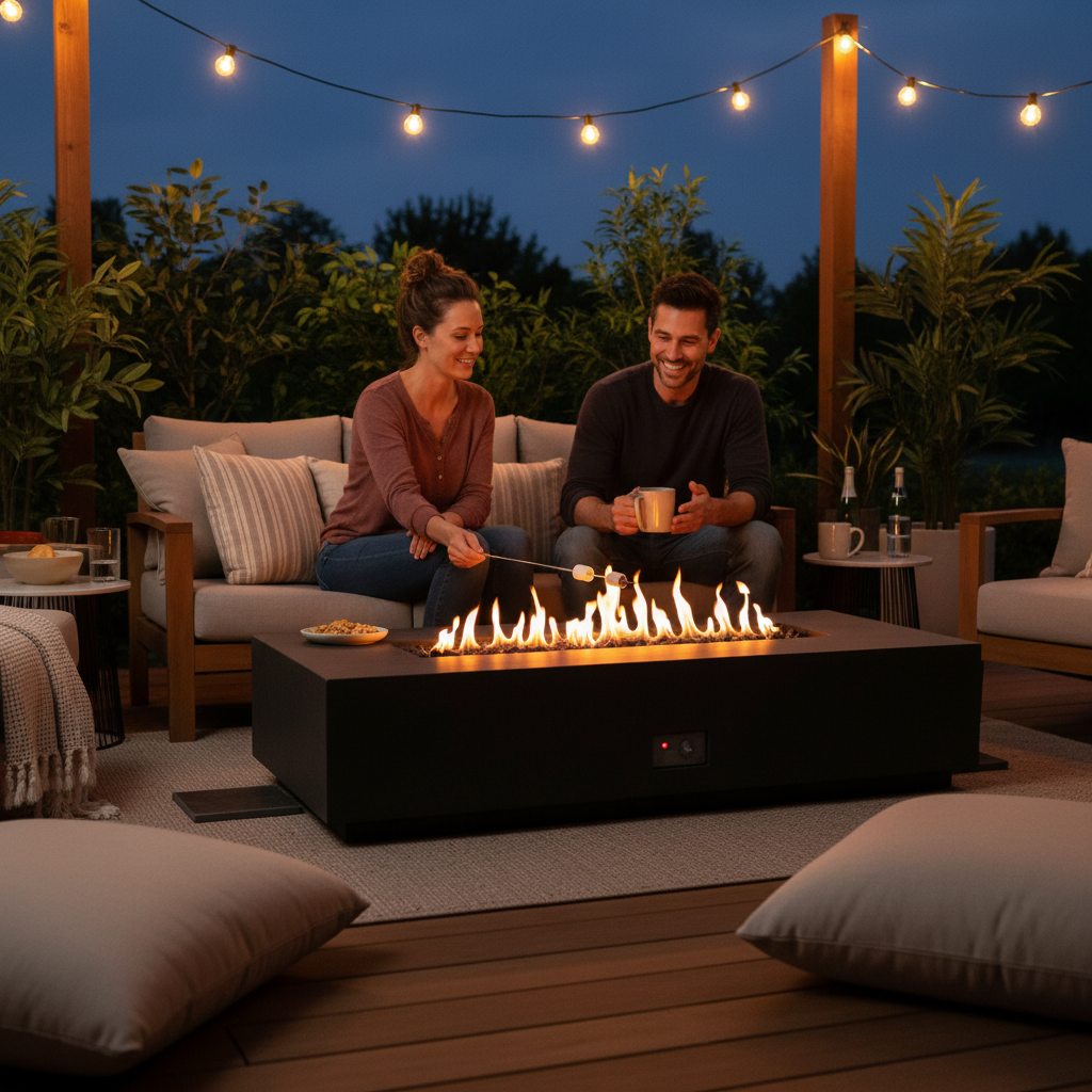 Linear Sanctuary Fire Table at dusk