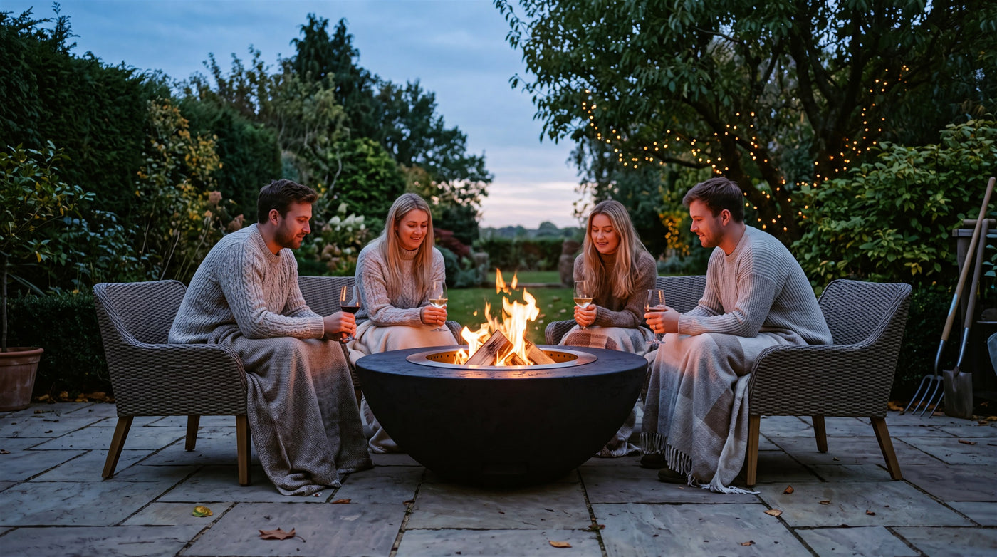 Friends gathered around the Luna smokeless fire pit in a garden at blue hour