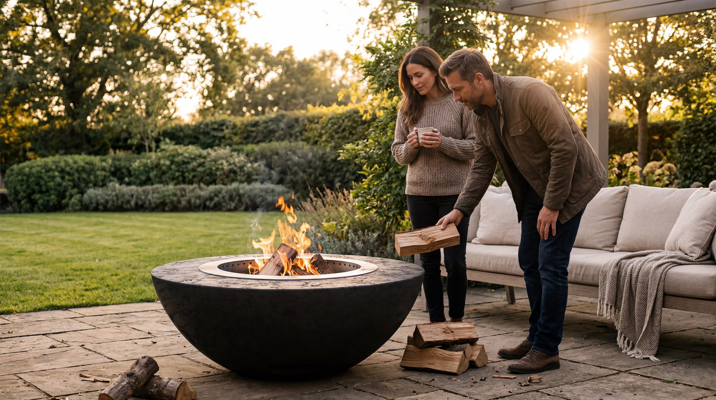 Couple tending the fire in the Luna smokeless fire pit on a garden terrace at golden hour