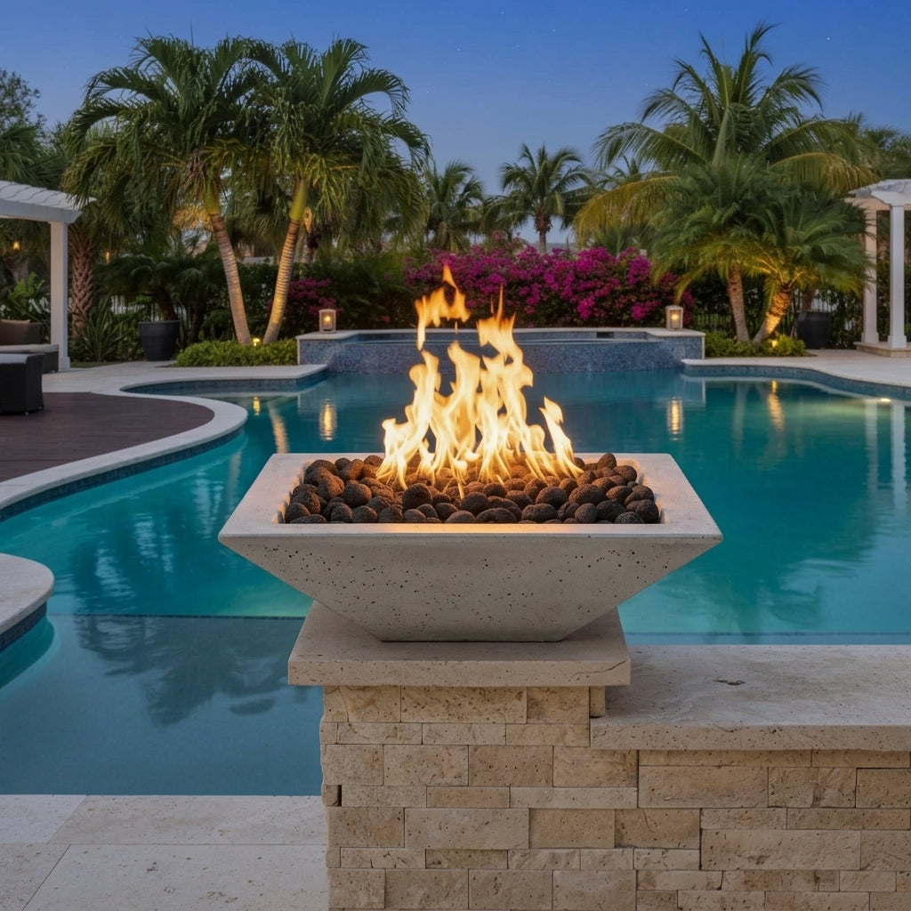 TessaRai Square Fire Bowl Kit: Push Button Ignition in Light Grey